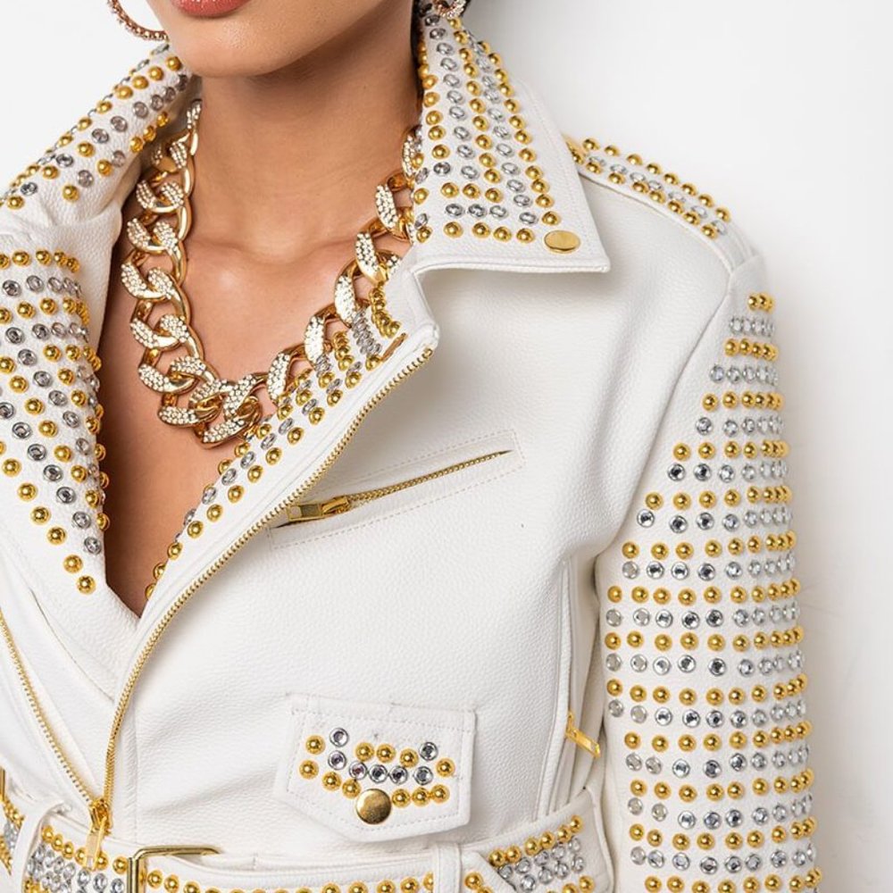 Callie Lives Summer Stud: Ivory White Gold Azalea Wang Rhinestone Moto Jacket L
